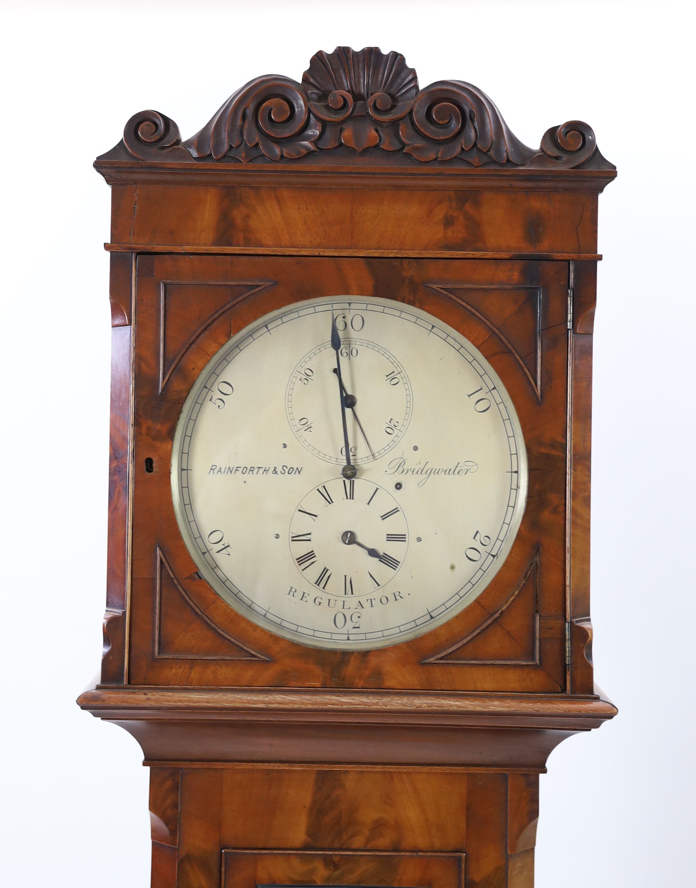 Rainforth & Son of Bridgewater. An early 19th century mahogany domestic regulator, H. 218cm.